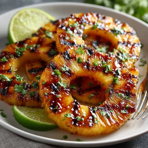 Golden-brown Honey-Sriracha Grilled Pineapple Rings glistening with a spicy glaze and ready to serve.