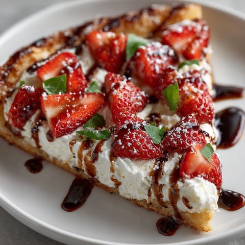 Fresh, grilled Balsamic Strawberry Dessert Pizza with vibrant red berries and a glossy glaze.