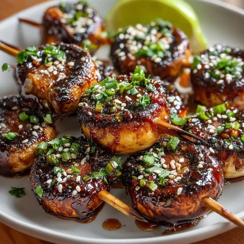 Close-up of glistening Hoisin BBQ Mushroom and Scallion Bites, ready to be enjoyed as a delicious vegan appetizer.