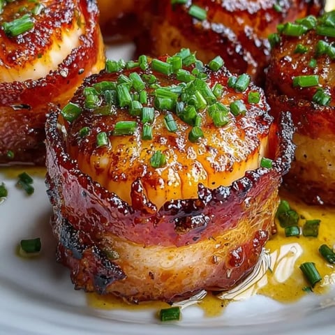 Bacon wrapped scallops glistening with maple glaze, a delicious appetizer ready to serve.