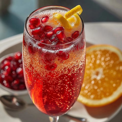 A gorgeous Pomegranate Champagne Cocktail, bubbly with pomegranate seeds and lemon twist garnish.