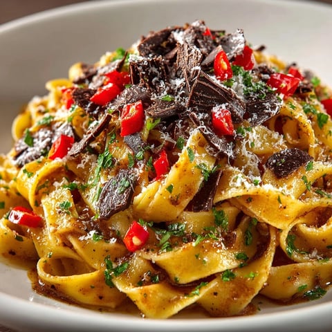 A close-up of Chocolate Chili Pasta, topped with dark chocolate shavings and fresh herbs.