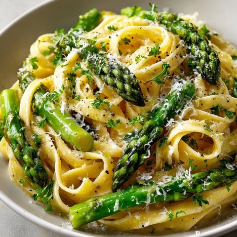Bright green, asparagus ribbon pasta with lemon zest, a fresh and flavorful vegetarian meal.