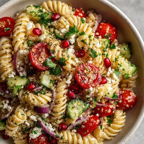 Quinoa Pasta Salad with Pomegranate: a colorful, vibrant salad with jewel-like bursts of pomegranate.