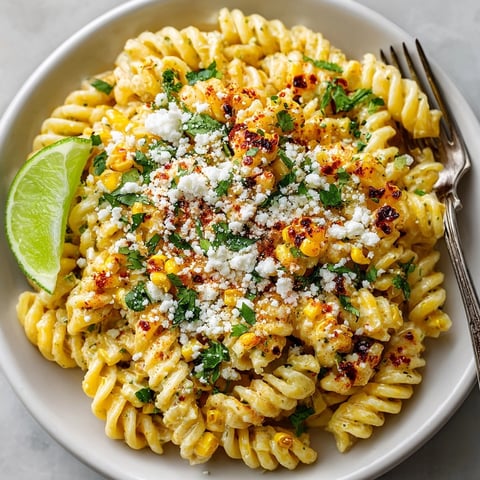 Creamy Mexican Street Corn Pasta topped with cotija cheese, a delightful vegetarian meal.