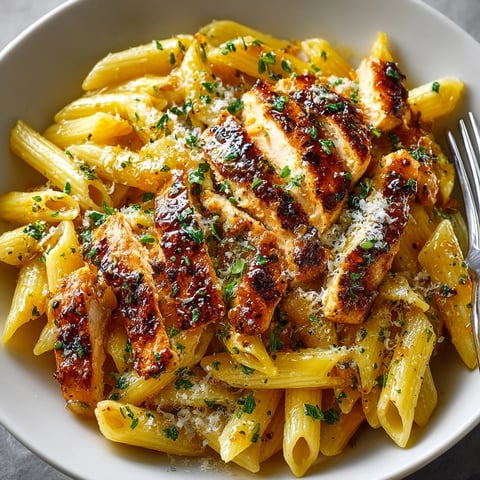 Golden, jam-glazed chicken pasta with apricot reduction, ready for a flavorful bite.