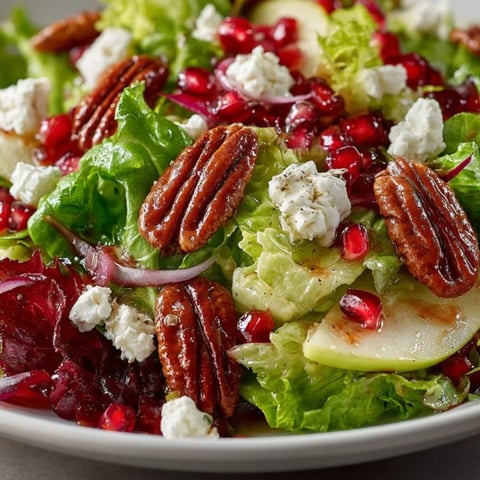 Pomegranate Pecan Salad with bright pomegranate arils, crunchy pecans, and creamy feta cheese tossed on fresh greens.