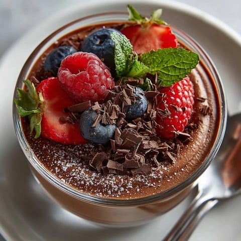 Ricotta chocolate mousse in glass bowls, topped with fresh berries and shaved chocolate for an elegant dessert.