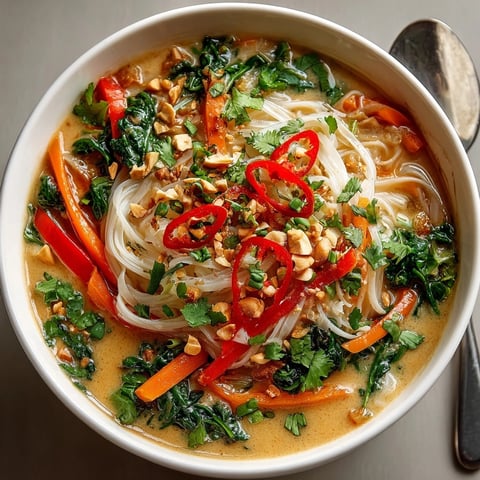 Creamy Thai Peanut Noodle Soup with fresh vegetables and toppings, served hot in a bowl.