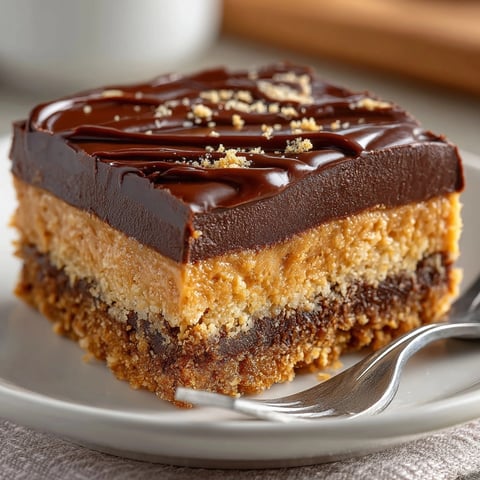 Peanut Butter Chocolate Bars stacked on a plate, showing creamy layers and glossy chocolate topping.