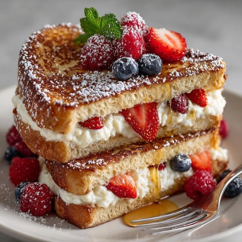 Ricotta stuffed French toast, golden and crispy, filled with creamy ricotta and served with berries.