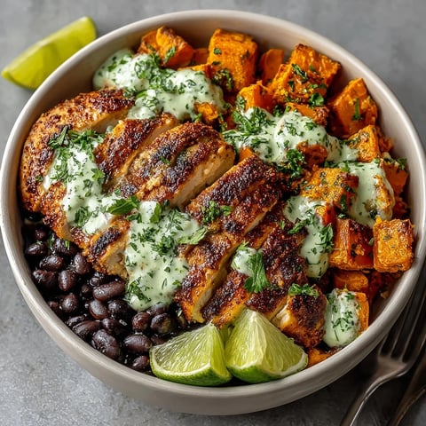 Chipotle Chicken Bowl with Black Beans, Sweet Potatoes, and Cilantro Lime Sauce served fresh, bursting with color and flavor.