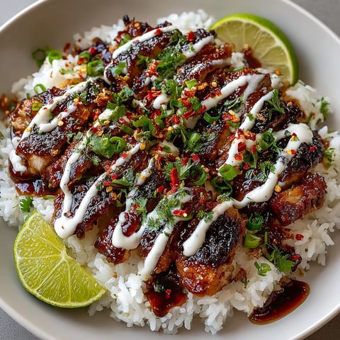 Sweet Chili Chicken Bowl with Coconut Lime Drizzle served over jasmine rice, garnished and ready to enjoy.
