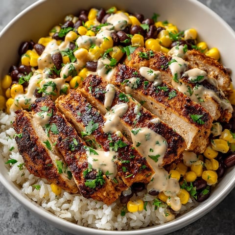Chipotle Chicken Bowl with Black Beans, Corn, and Creamy Sauce served over fluffy rice and herbs.