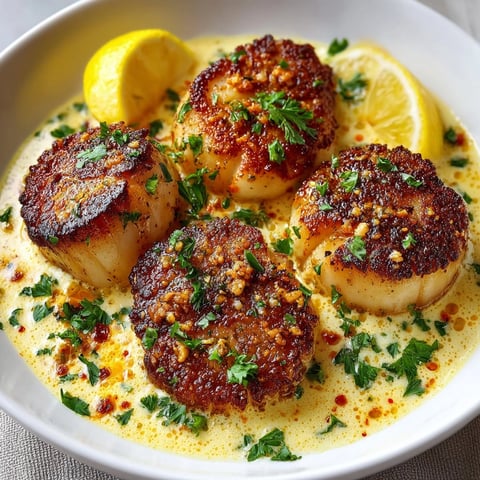 Seared scallops with spicy Cajun cream sauce, garnished with parsley and served hot in a skillet.