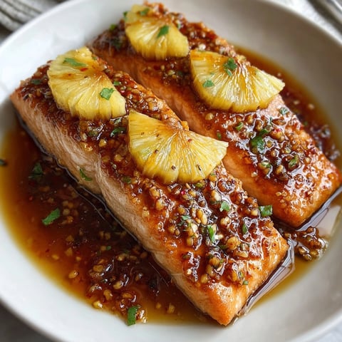 Honey Pineapple Salmon fillets glazed in golden sauce, garnished with fresh pineapple slices on a platter.