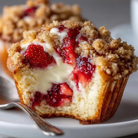 Freshly baked Strawberry Cream Cheese Muffins with golden crumb topping cooling on a wire rack.