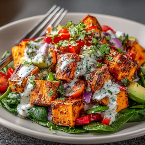 Cajun Roasted Sweet Potato Salad: golden sweet potatoes, vibrant veggies bathed in creamy dressing.