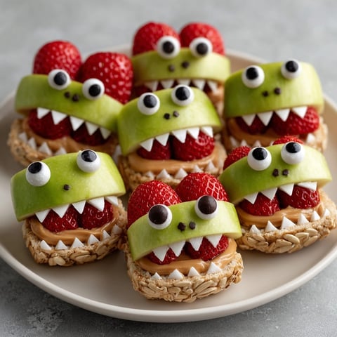 Overhead shot of sweet Monster Apple Peanut Butter Bites with crunchy sunflower teeth.