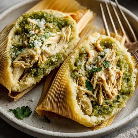 Homemade Green Chile Chicken Tamales, warm masa hugging flavorful shredded chicken filling.