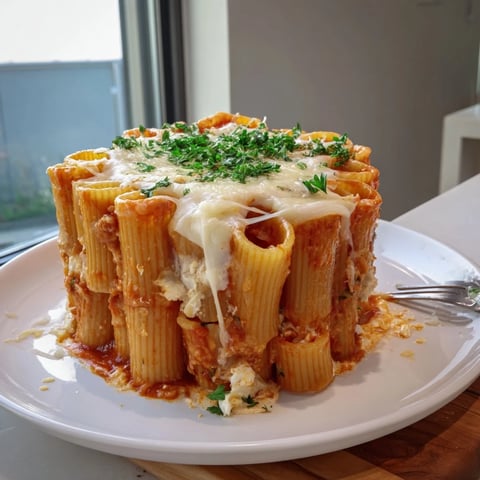 Delicious Honeycomb Pasta Cake topped with gooey cheese and fresh parsley garnish.  