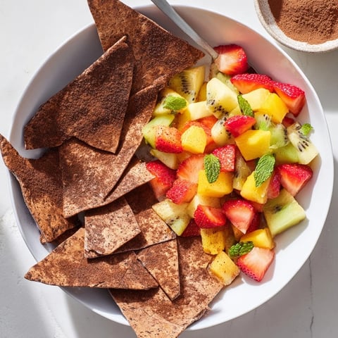 Crispy chocolate tortilla chips with vibrant fruit salsa for a delightful dessert.  