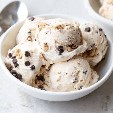 Creamy cottage cheese ice cream swirled with chewy cookie dough bites.  