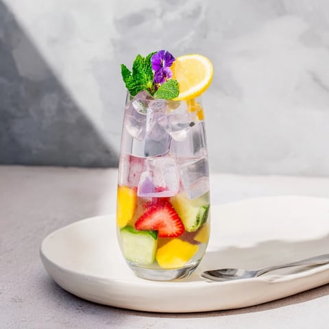 Refreshing water-based mocktails with fresh strawberries and mint leaves served in glasses.  