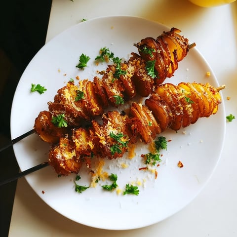 Crispy air-fryer tornado potatoes served on skewers, seasoned with garlic and paprika.  
