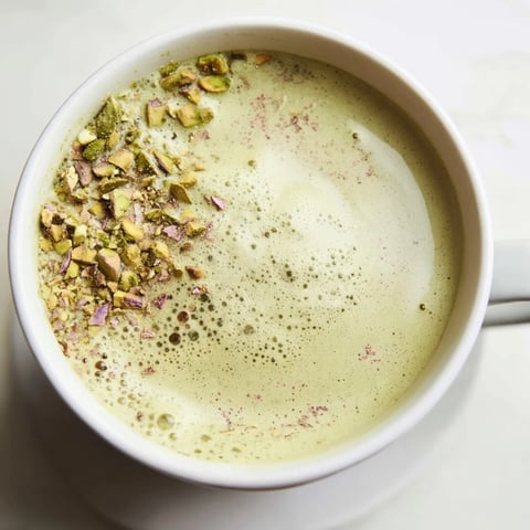 Creamy pistachio milk latte topped with crushed nuts for a delightful coffee experience.  