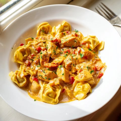 Zesty Cajun Garlic Parmesan Chicken Tortellini topped with fresh parsley and extra cheese.