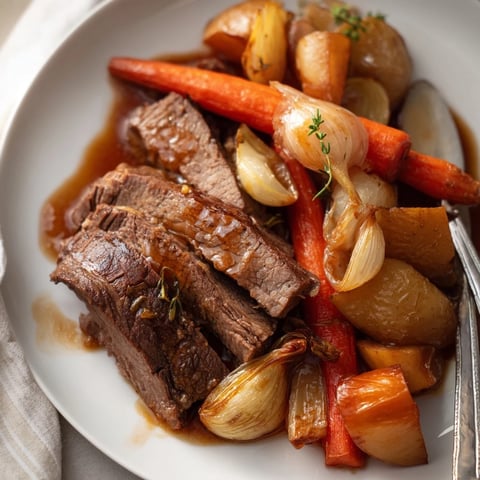 Classic Sunday pot roast with tender beef and vibrant roasted vegetables.  