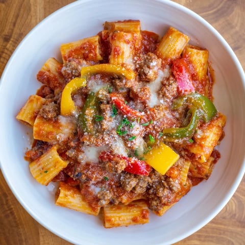 Baked Rigatoni with Sausage & Peppers, bubbling hot, cheese pull, perfect comfort food, ready to serve.