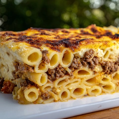 Golden-brown Greek Pastitsio, a comforting baked casserole, layered with pasta and creamy béchamel.