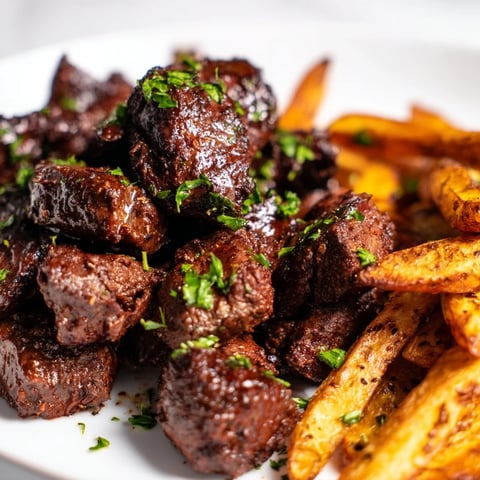 Golden brown Blackened Cajun Steak Bites with crispy fries, ready to eat and full of flavor.