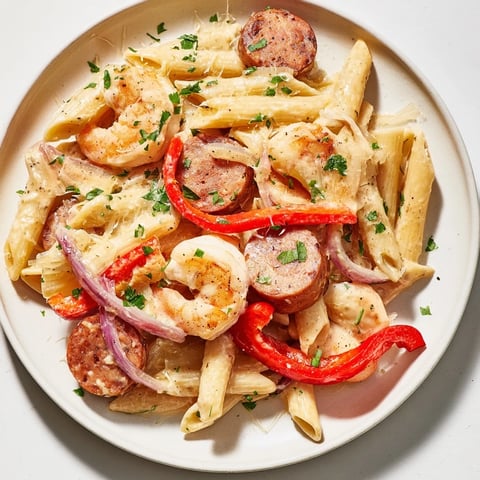 Skillet of Cajun Sausage & Shrimp Alfredo Pasta, creamy sauce coating tender pasta and shrimp.