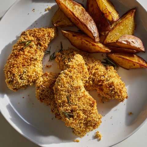 Golden-brown herbed chicken tenders and crispy potato wedges, a hearty American meal ready to enjoy.