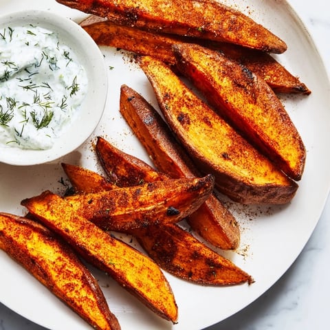 Golden brown roasted sweet potato wedges served with cool, creamy yogurt dip, ready to eat.