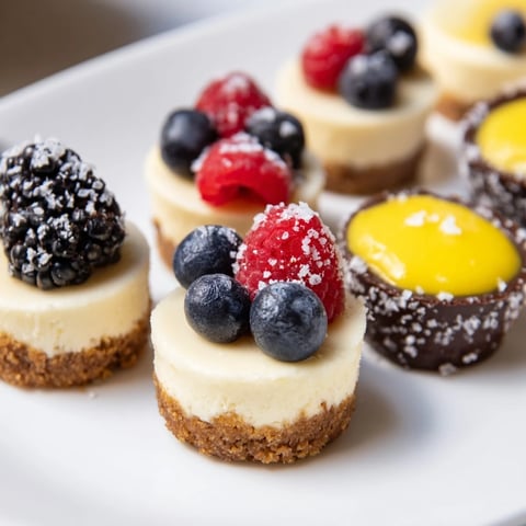 Vibrant image of a trio: Mini Dessert Bites with fresh berries, chocolate ganache, and lemon curd ready.