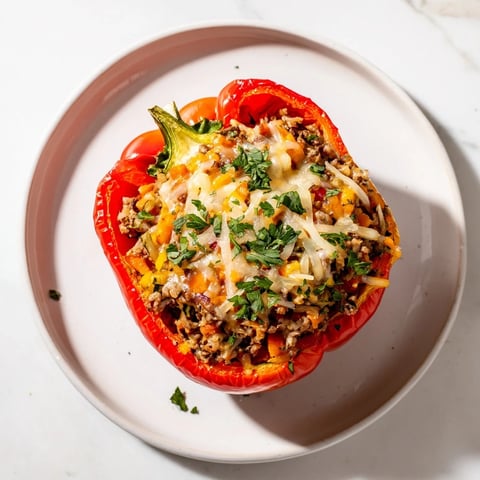 Golden, cheesy stuffed peppers with ground turkey and rice, bubbling hot from the oven.