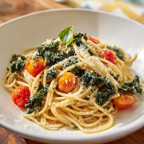 Steaming one-pot spaghetti with kale and tomatoes, plated with fresh basil and Parmesan cheese.