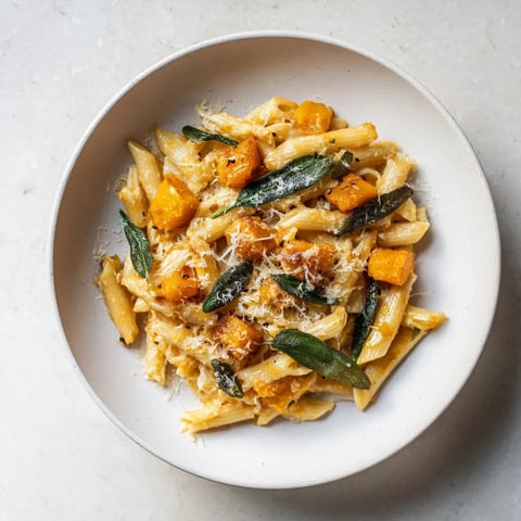 A close-up of Brown Butter Pasta with Butternut Squash, garnished with Parmesan cheese and sage.