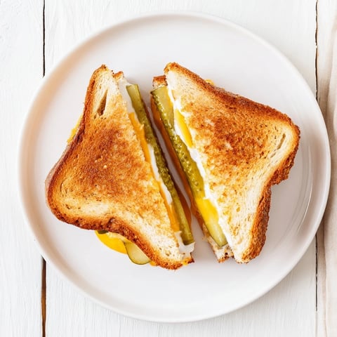 Golden-brown layers of gooey pickle grilled cheese sandwich, oozing melted cheese and savory pickles.