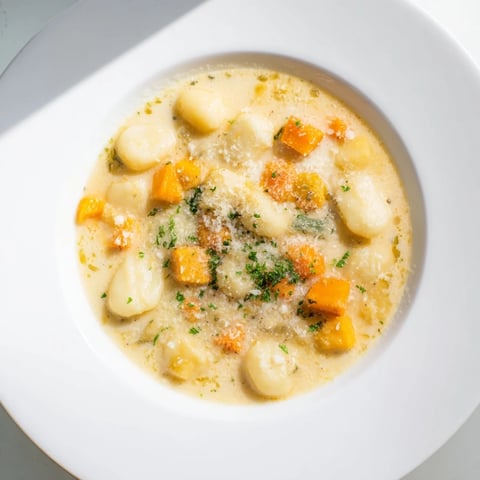 Steaming bowl of Savory Butternut Squash Gnocchi Soup, garnished with Parmesan and fresh parsley.
