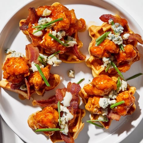 Golden-brown Crispy Buffalo Chicken and Bacon Waffle Bites, piled high with creamy blue cheese crumbles.