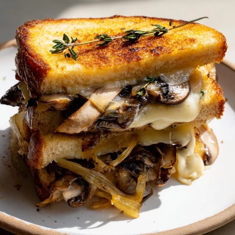 Golden-brown Roast Garlic Mushroom & Thyme Grilled Cheese, oozing with melted Gruyère and mozzarella.