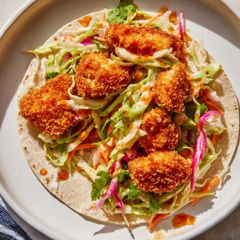 Golden, crispy Hot Honey Chicken Tacos with a bright, sweet-spicy glaze and fresh cilantro.