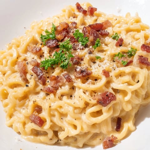 Creamy Ramen Carbonara Hack, a bowl of rich noodles coated in cheesy, egg sauce with bacon.