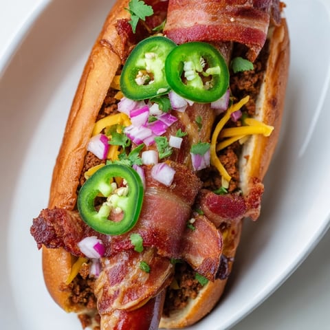 Smoky Mexican hot dogs, wrapped in bacon, with melted cheese and fresh jalapeños for a spicy bite.