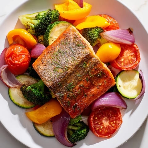 Golden salmon sheet pan bake with roasted vegetables, a healthy, colorful American dinner.